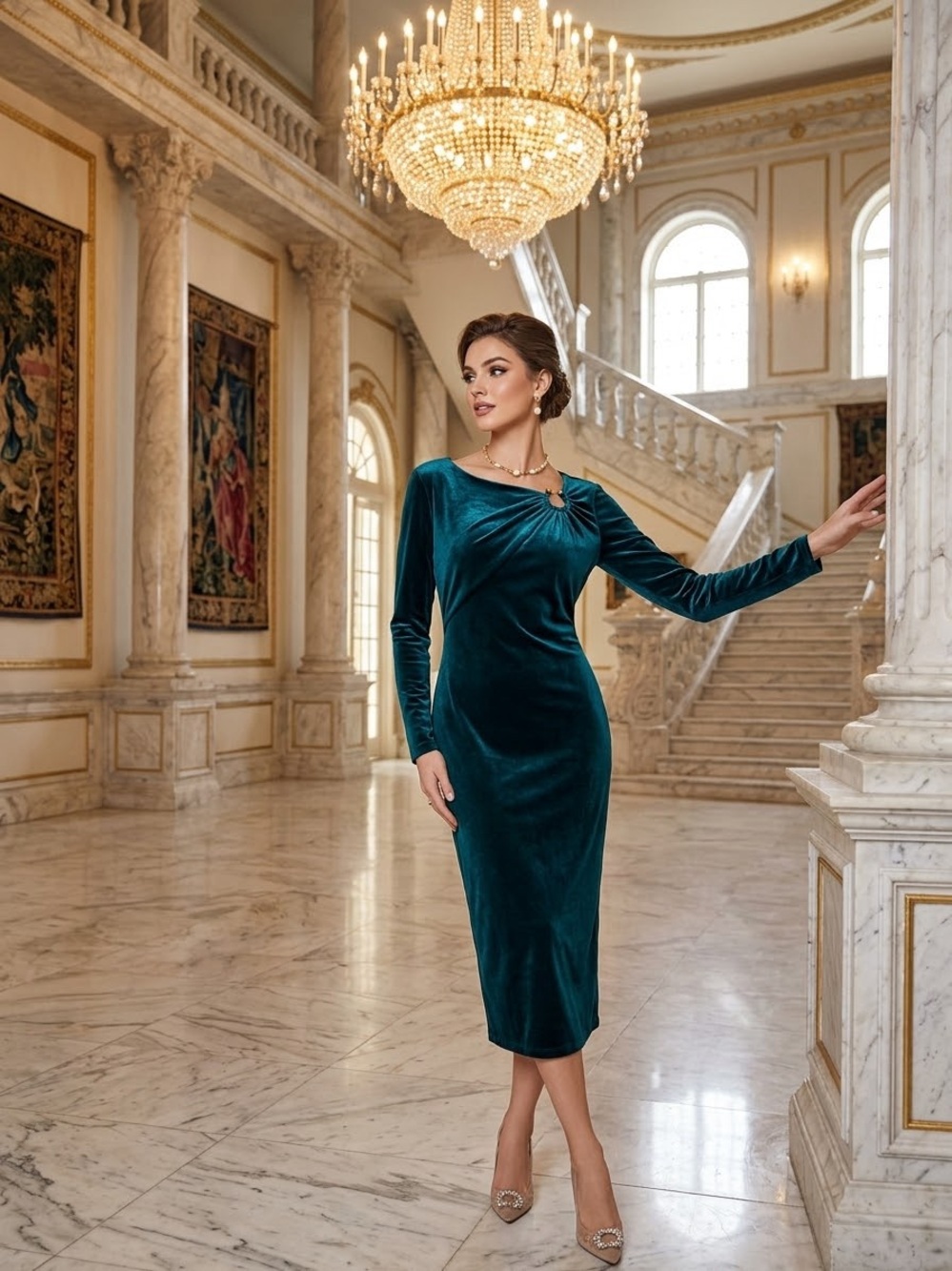 Donna Karan Teal Velvet Long Sleeve Sheath Dress